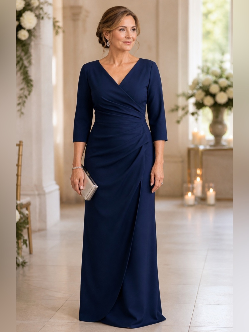 Chiara Boni Dress Formal Gown Navy Zalfa Ruched Faux Wrap Dress MSRP 1090